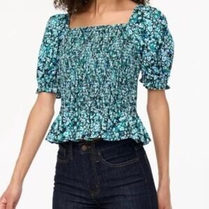J. Crew Floral Smocked Bodice Poplin Top Black Heritage Green NEW - Size M